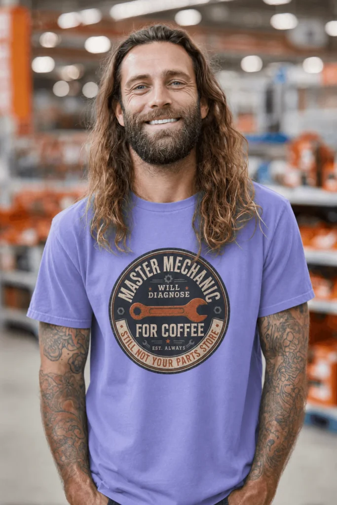 Mechanic T-Shirt — "Master Mechanic: Will Diagnose for Coffee" Retro Wrench Tee