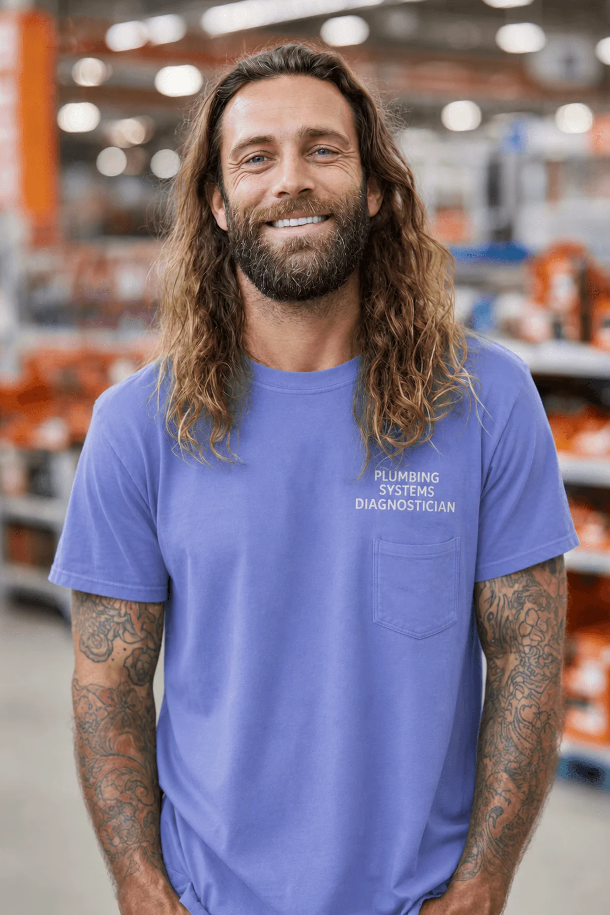 Funny Plumber Repair Graphic Tee "I Solve Problems You Can Smell" Back - "Plumbing Systems Diagnostician" Front — flo-blue — Model Funny Plumber Repair Graphic Tee "I Solve Problems You Can Smell" Back - "Plumbing Systems Diagnostician" Front — flo-blue t-shirt, model photo | Pressure Tested Co