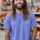 Funny Plumber Repair Graphic Tee "I Work Under Pressure" Back - "Plumbing Systems Diagnostician" Front — flo-blue t-shirt, model photo | Pressure Tested Co