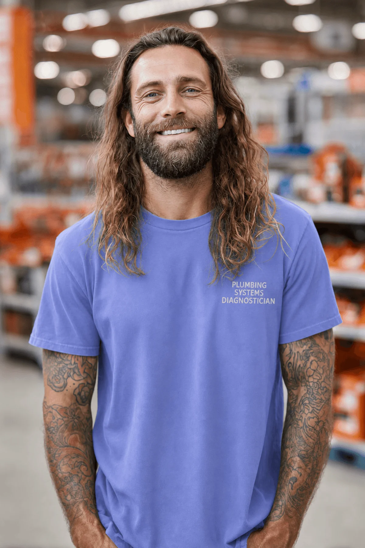 Funny Plumber Repair Graphic Tee "I Work Under Pressure" Back - "Plumbing Systems Diagnostician" Front — flo-blue t-shirt, model photo | Pressure Tested Co