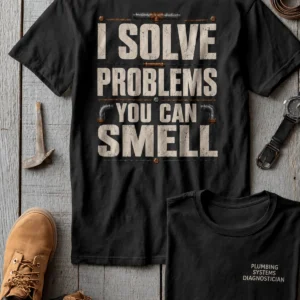 Funny Plumber Repair Graphic Tee "I Solve Problems You Can Smell" Back - "Plumbing Systems Diagnostician" Front — graphite t-shirt, flat-lay product photo | Pressure Tested Co