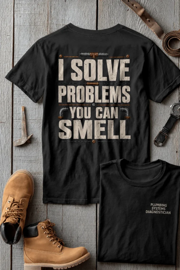 Funny Plumber Repair Graphic Tee "I Solve Problems You Can Smell" Back - "Plumbing Systems Diagnostician" Front — graphite t-shirt, flat-lay product photo | Pressure Tested Co