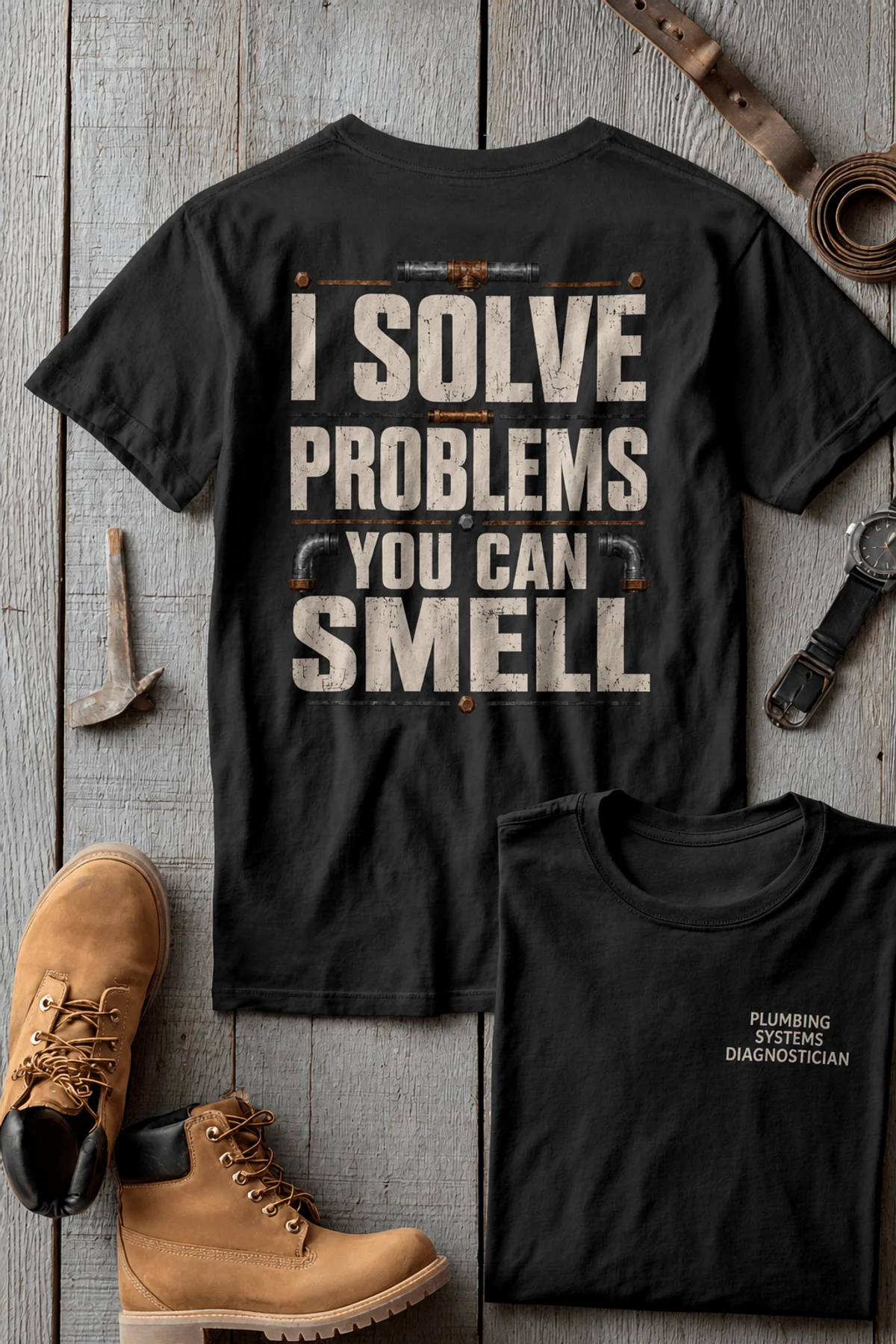 Funny Plumber Repair Graphic Tee "I Solve Problems You Can Smell" Back - "Plumbing Systems Diagnostician" Front — graphite — Flat-lay Funny Plumber Repair Graphic Tee "I Solve Problems You Can Smell" Back - "Plumbing Systems Diagnostician" Front — graphite t-shirt, flat-lay product photo | Pressure Tested Co