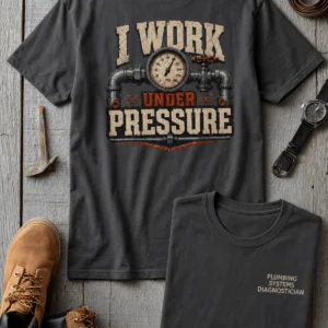 Funny Plumber Repair Graphic Tee "I Work Under Pressure" Back - "Plumbing Systems Diagnostician" Front — graphite t-shirt, flat-lay product photo | Pressure Tested Co