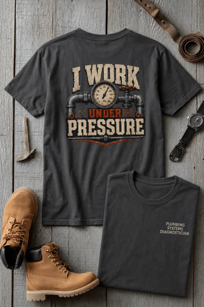 Funny Plumber Repair Graphic Tee "I Work Under Pressure" Back - "Plumbing Systems Diagnostician" Front — graphite t-shirt, flat-lay product photo | Pressure Tested Co