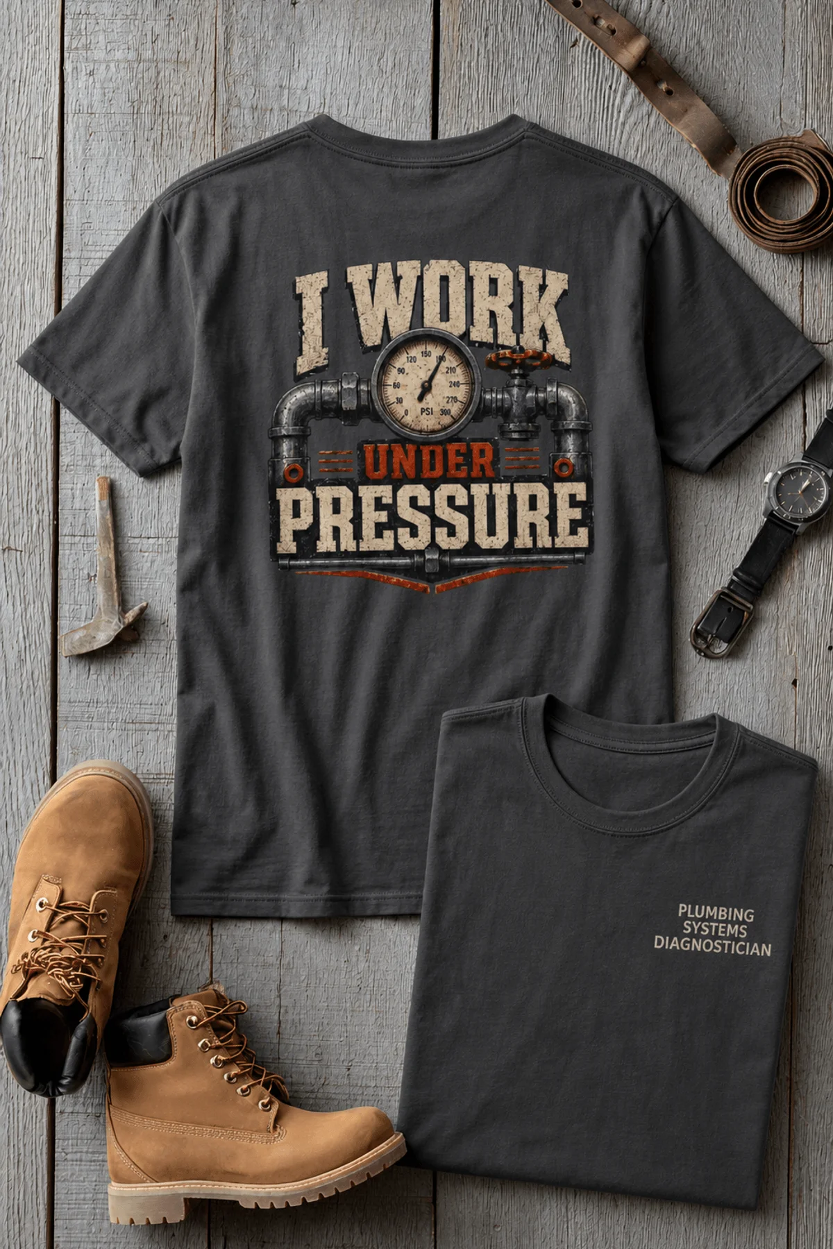 Funny Plumber Repair Graphic Tee "I Work Under Pressure" Back - "Plumbing Systems Diagnostician" Front — graphite t-shirt, flat-lay product photo | Pressure Tested Co