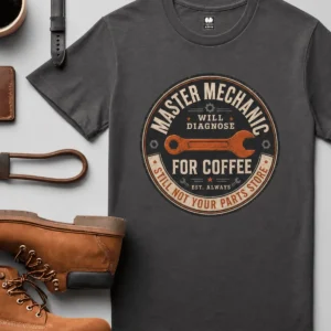 Mechanic T-Shirt — "Master Mechanic: Will Diagnose for Coffee" Retro Wrench Tee - Image 13
