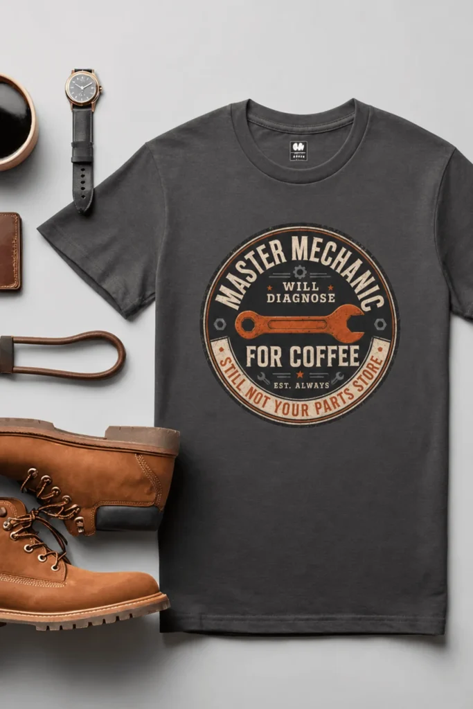 Mechanic T-Shirt — "Master Mechanic: Will Diagnose for Coffee" Retro Wrench Tee