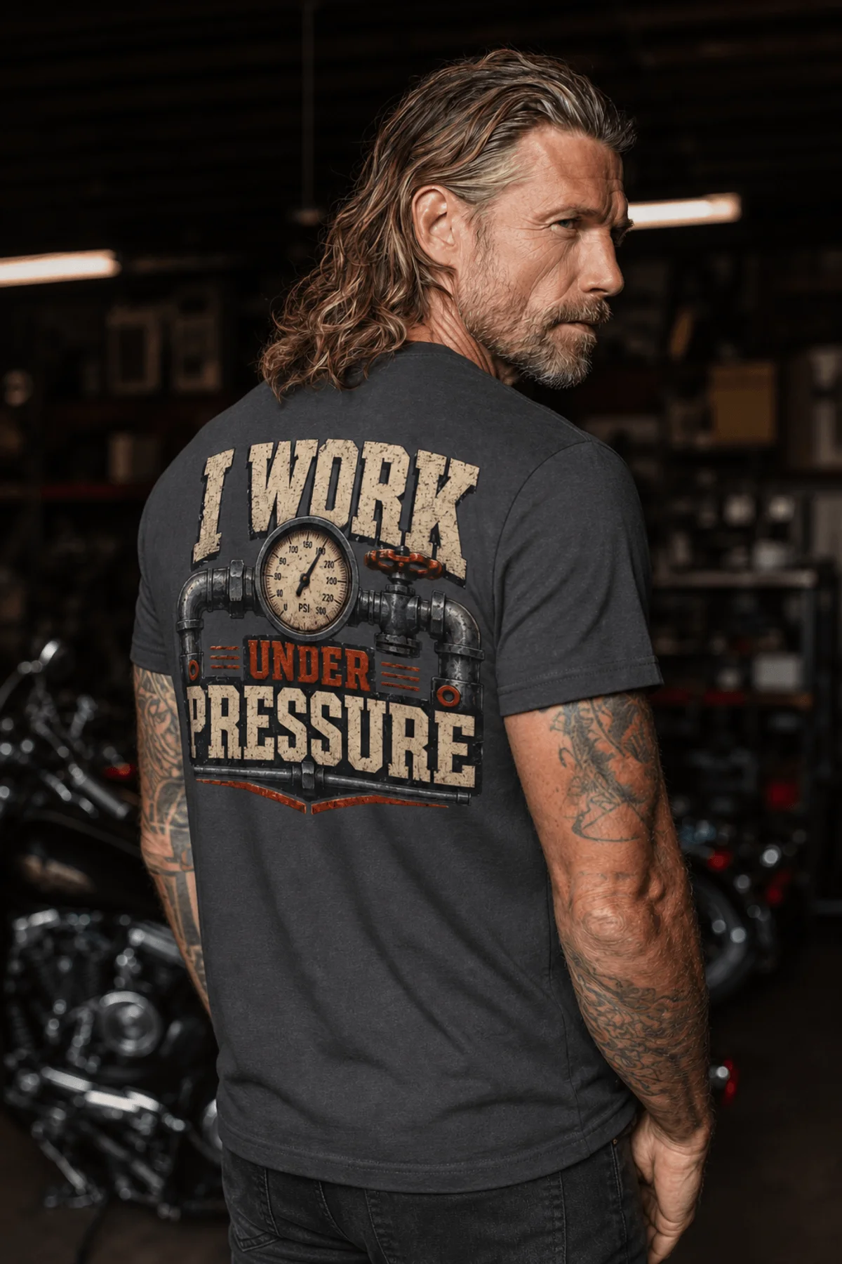 Funny Plumber Repair Graphic Tee "I Work Under Pressure" Back - "Plumbing Systems Diagnostician" Front — graphite t-shirt, model photo | Pressure Tested Co