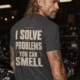 Funny Plumber Repair Graphic Tee "I Solve Problems You Can Smell" Back - "Plumbing Systems Diagnostician" Front — graphite — Model Funny Plumber Repair Graphic Tee "I Solve Problems You Can Smell" Back - "Plumbing Systems Diagnostician" Front — graphite t-shirt, model photo | Pressure Tested Co