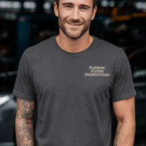 Funny Plumber Repair Graphic Tee "I Work Under Pressure" Back - "Plumbing Systems Diagnostician" Front — graphite t-shirt, model photo | Pressure Tested Co