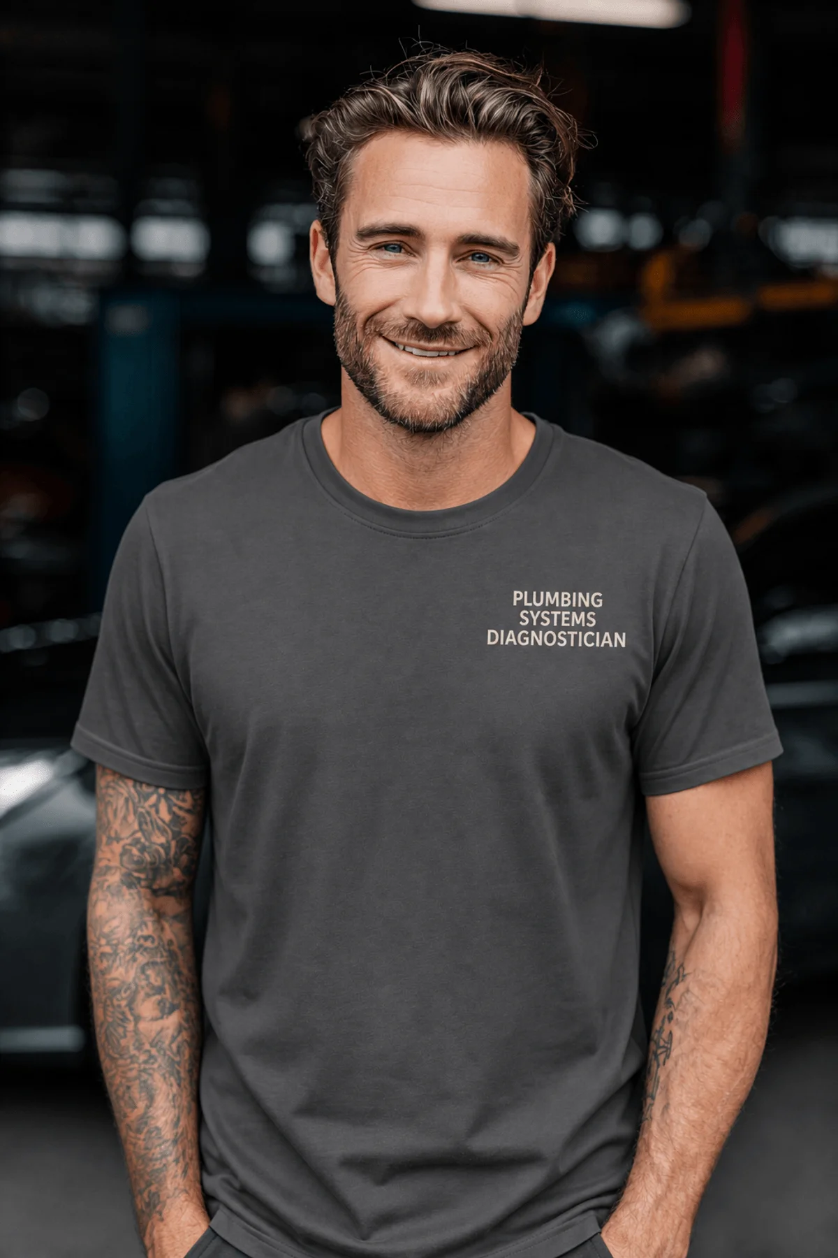 Funny Plumber Repair Graphic Tee "I Work Under Pressure" Back - "Plumbing Systems Diagnostician" Front — graphite t-shirt, model photo | Pressure Tested Co