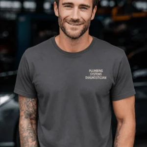 Funny Plumber Repair Graphic Tee "I Solve Problems You Can Smell" Back - "Plumbing Systems Diagnostician" Front — graphite t-shirt, model photo | Pressure Tested Co