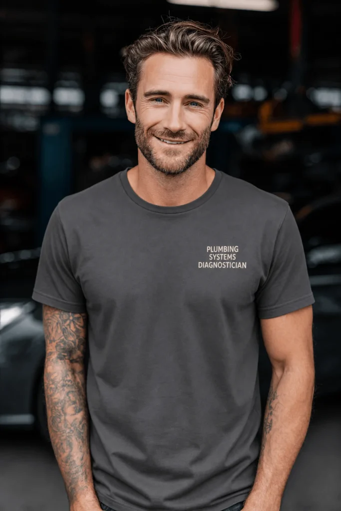 Funny Plumber Repair Graphic Tee "I Solve Problems You Can Smell" Back - "Plumbing Systems Diagnostician" Front — graphite t-shirt, model photo | Pressure Tested Co