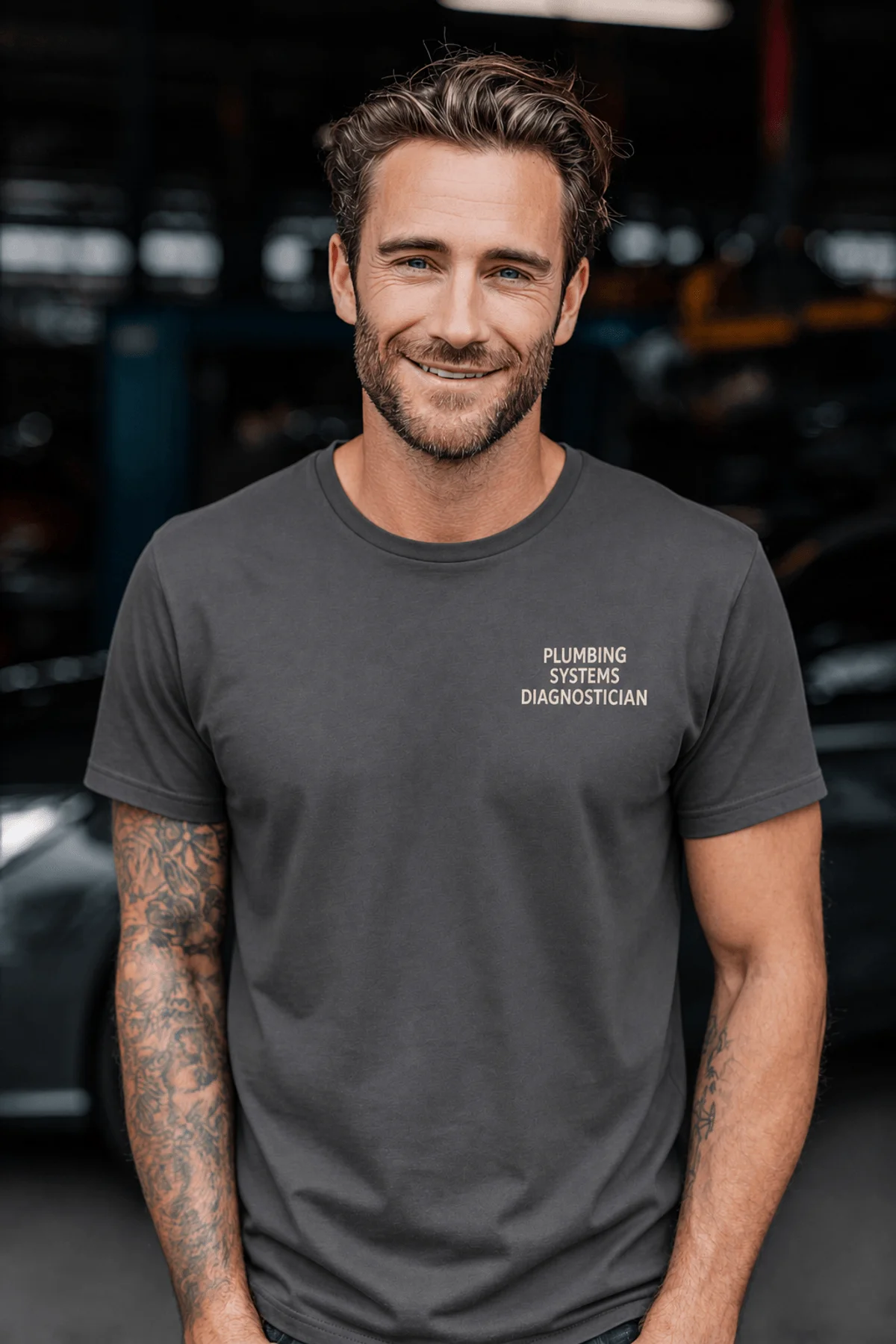 Funny Plumber Repair Graphic Tee "I Solve Problems You Can Smell" Back - "Plumbing Systems Diagnostician" Front — graphite — Model Funny Plumber Repair Graphic Tee "I Solve Problems You Can Smell" Back - "Plumbing Systems Diagnostician" Front — graphite t-shirt, model photo | Pressure Tested Co