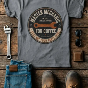 Mechanic T-Shirt — "Master Mechanic: Will Diagnose for Coffee" Retro Wrench Tee - Image 15