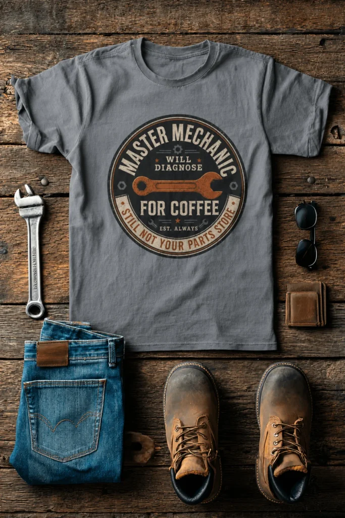 Mechanic T-Shirt — "Master Mechanic: Will Diagnose for Coffee" Retro Wrench Tee