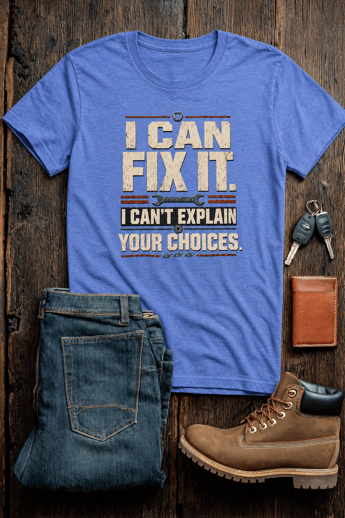 Sarcastic Mechanic T‑Shirt – "I Can Fix It. I Can't Explain Your Choices" Vintage Mechanic Shirt - DIY Repair Tee — heather-columbia-blue t-shirt, flat-lay product photo | Pressure Tested Co
