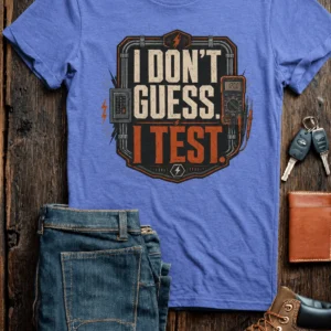 I Don't Guess I Test T-Shirt — Funny Tech Tee for Engineers and Electricians — heather-columbia-blue t-shirt, flat-lay product photo | Pressure Tested Co
