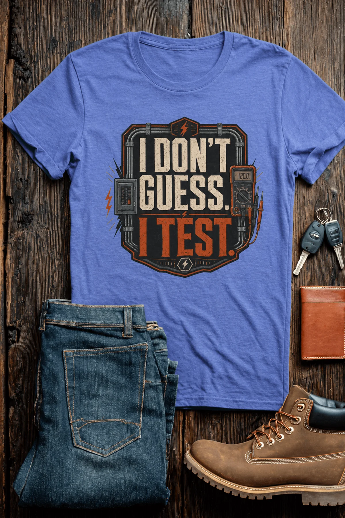 I Don't Guess I Test T-Shirt — Funny Tech Tee for Engineers and Electricians — heather-columbia-blue — Flat-lay I Don't Guess I Test T-Shirt — Funny Tech Tee for Engineers and Electricians — heather-columbia-blue t-shirt, flat-lay product photo | Pressure Tested Co