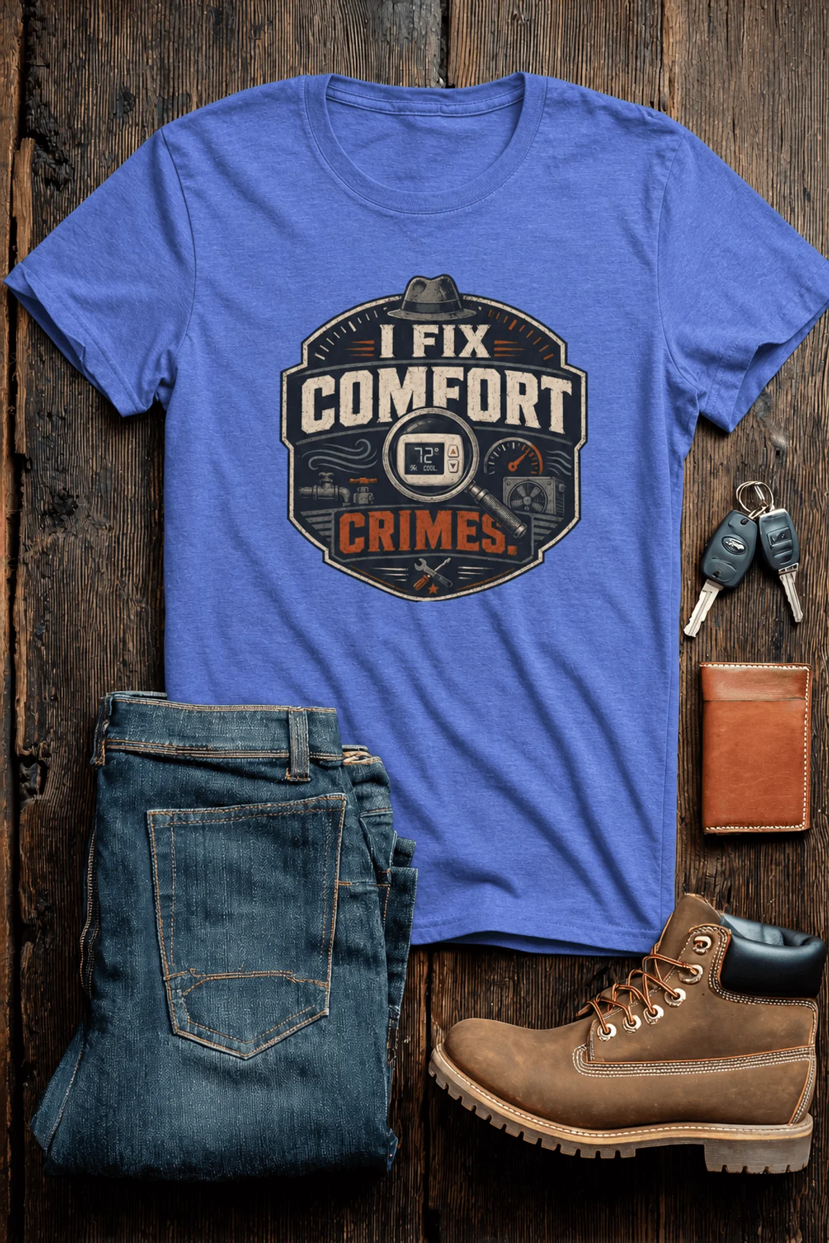 Funny HVAC Tech Tee "I Fix Comfort Crimes" — Furnace and Air Tech Work Tee — heather-columbia-blue — Flat-lay Funny HVAC Tech Tee "I Fix Comfort Crimes" — Furnace and Air Tech Work Tee — heather-columbia-blue t-shirt, flat-lay product photo | Pressure Tested Co