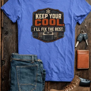Funny HVAC Tee Shirt "Keep Your Cool. I'll Fix The Rest." T-Shirt – Vintage GraphicTee — heather-columbia-blue t-shirt, flat-lay product photo | Pressure Tested Co