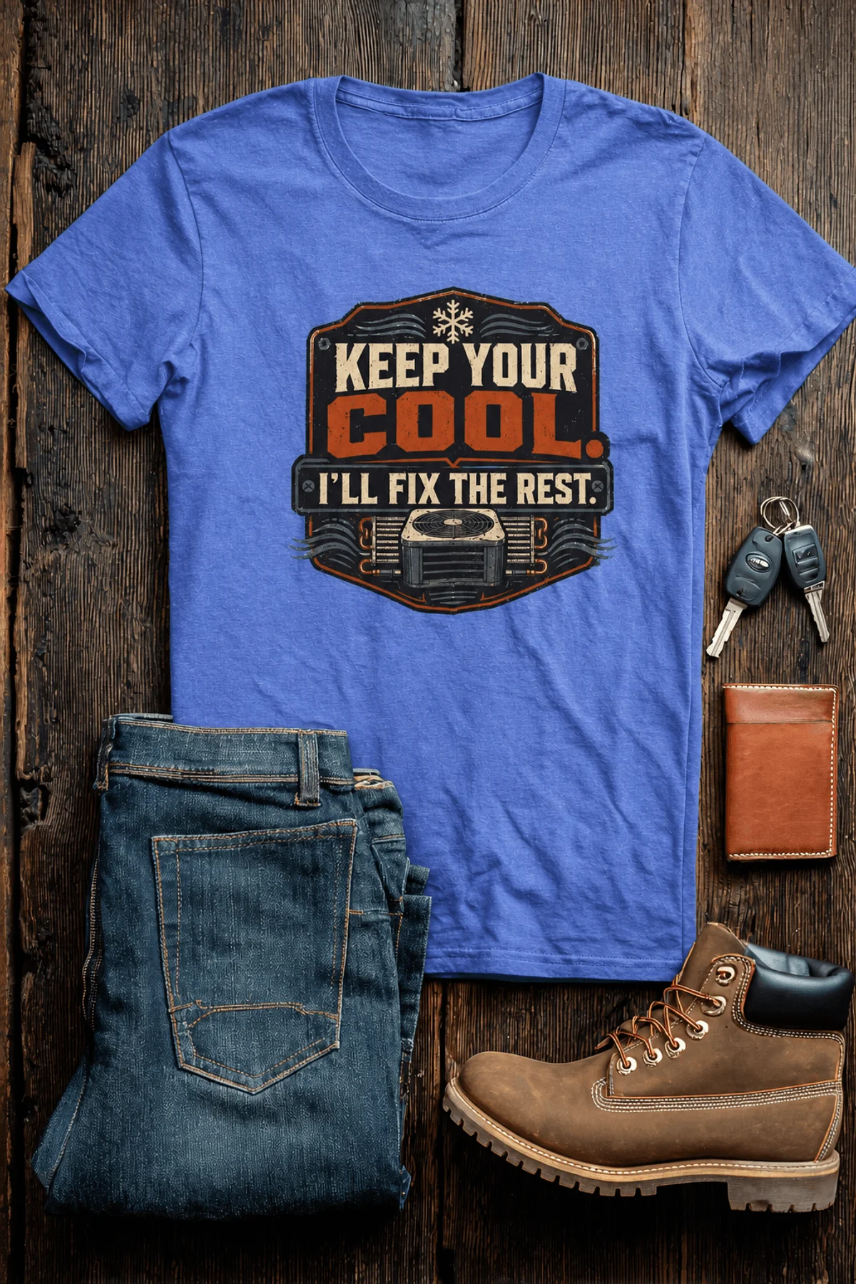 Funny HVAC Tee Shirt "Keep Your Cool. I'll Fix The Rest." T-Shirt – Vintage GraphicTee — heather-columbia-blue — Flat-lay Funny HVAC Tee Shirt "Keep Your Cool. I'll Fix The Rest." T-Shirt – Vintage GraphicTee — heather-columbia-blue t-shirt, flat-lay product photo | Pressure Tested Co