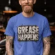 Grease Happens T-Shirt — Funny Mechanic Garage Tee — heather-columbia-blue — Model Grease Happens T-Shirt — Funny Mechanic Garage Tee — heather-columbia-blue t-shirt, model photo | Pressure Tested Co
