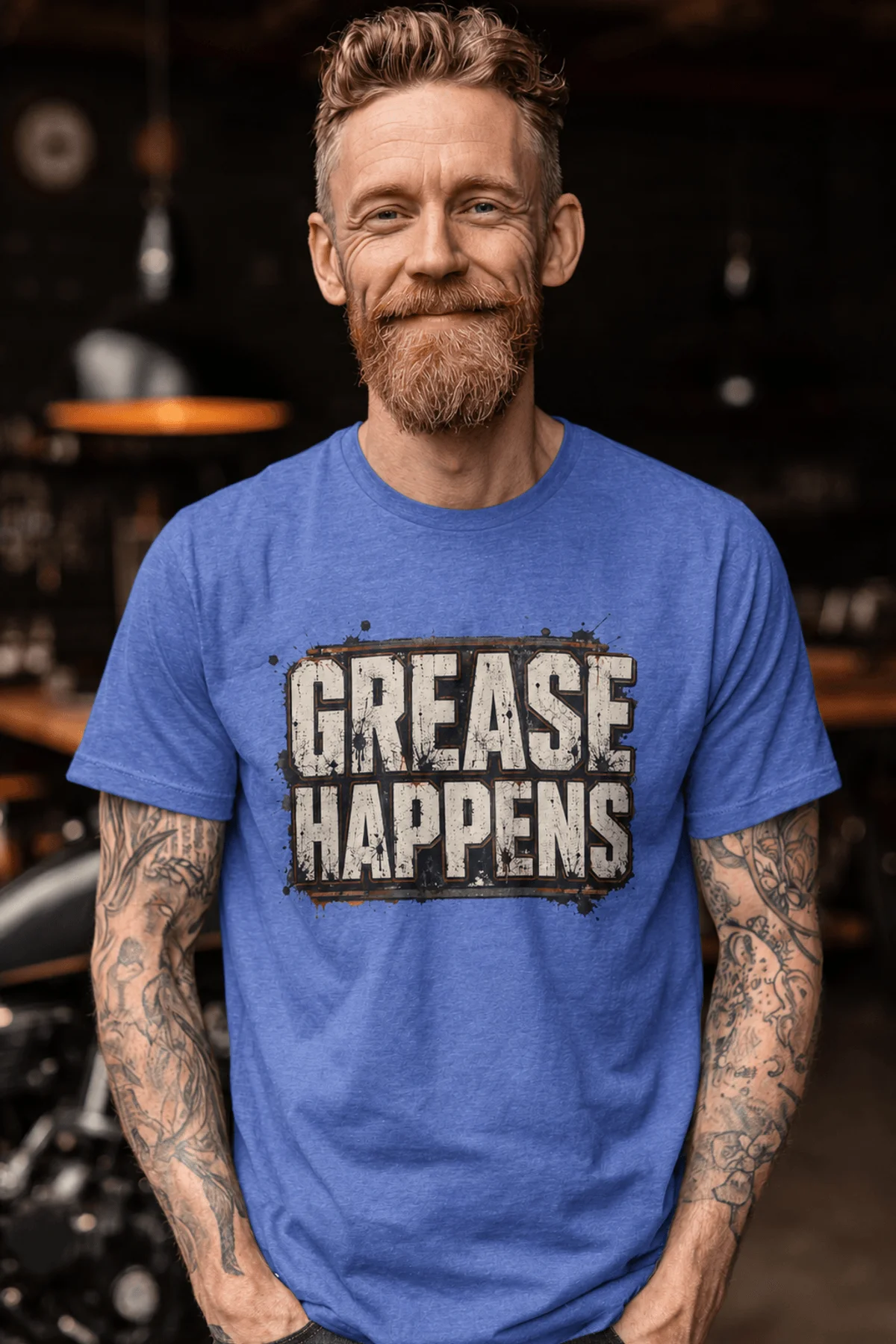 Grease Happens T-Shirt — Funny Mechanic Garage Tee — heather-columbia-blue — Model Grease Happens T-Shirt — Funny Mechanic Garage Tee — heather-columbia-blue t-shirt, model photo | Pressure Tested Co