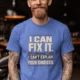Sarcastic Mechanic T‑Shirt – "I Can Fix It. I Can't Explain Your Choices" Vintage Mechanic Shirt - DIY Repair Tee — heather-columbia-blue t-shirt, model photo | Pressure Tested Co