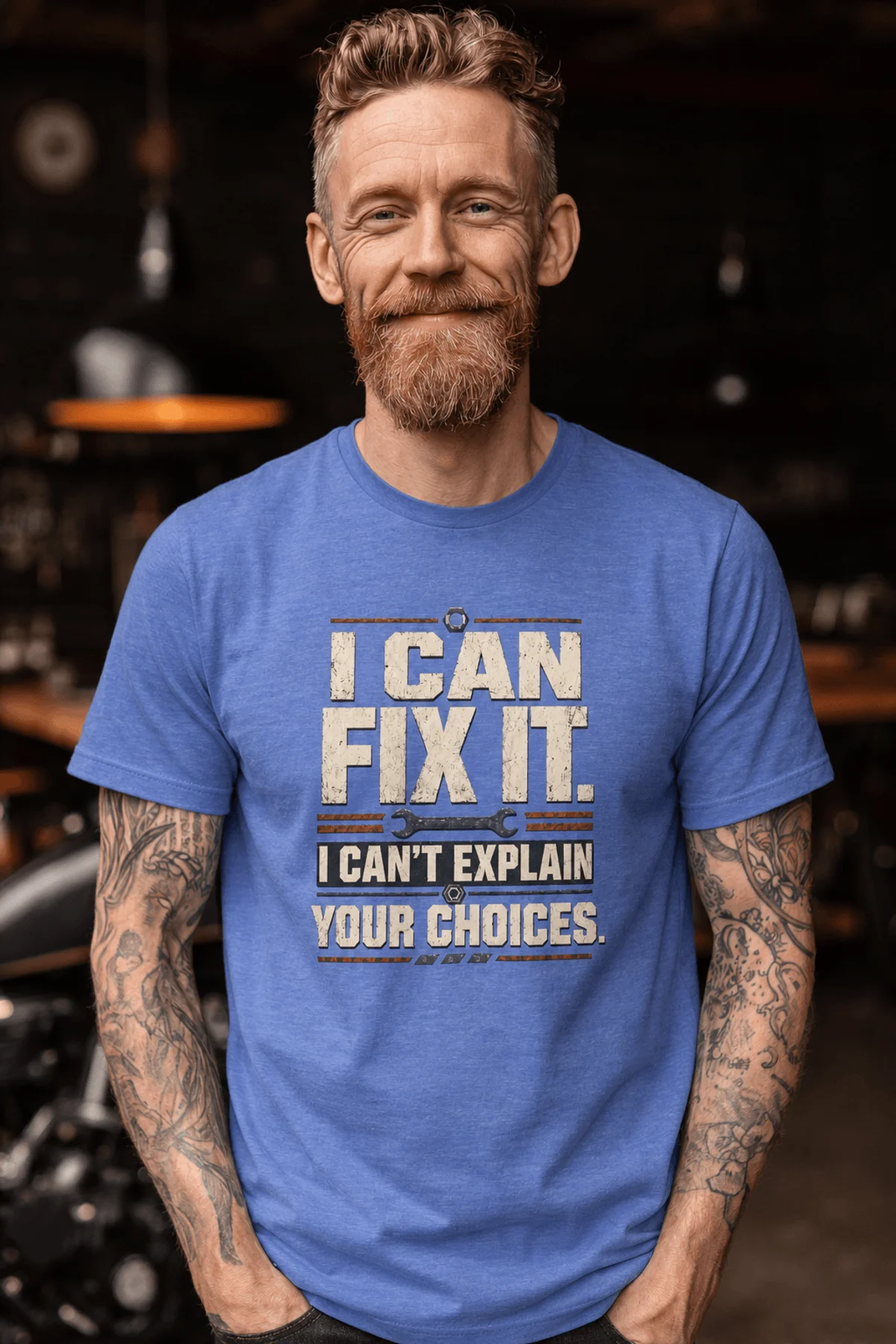 Sarcastic Mechanic T‑Shirt – "I Can Fix It. I Can't Explain Your Choices" Vintage Mechanic Shirt - DIY Repair Tee — heather-columbia-blue t-shirt, model photo | Pressure Tested Co