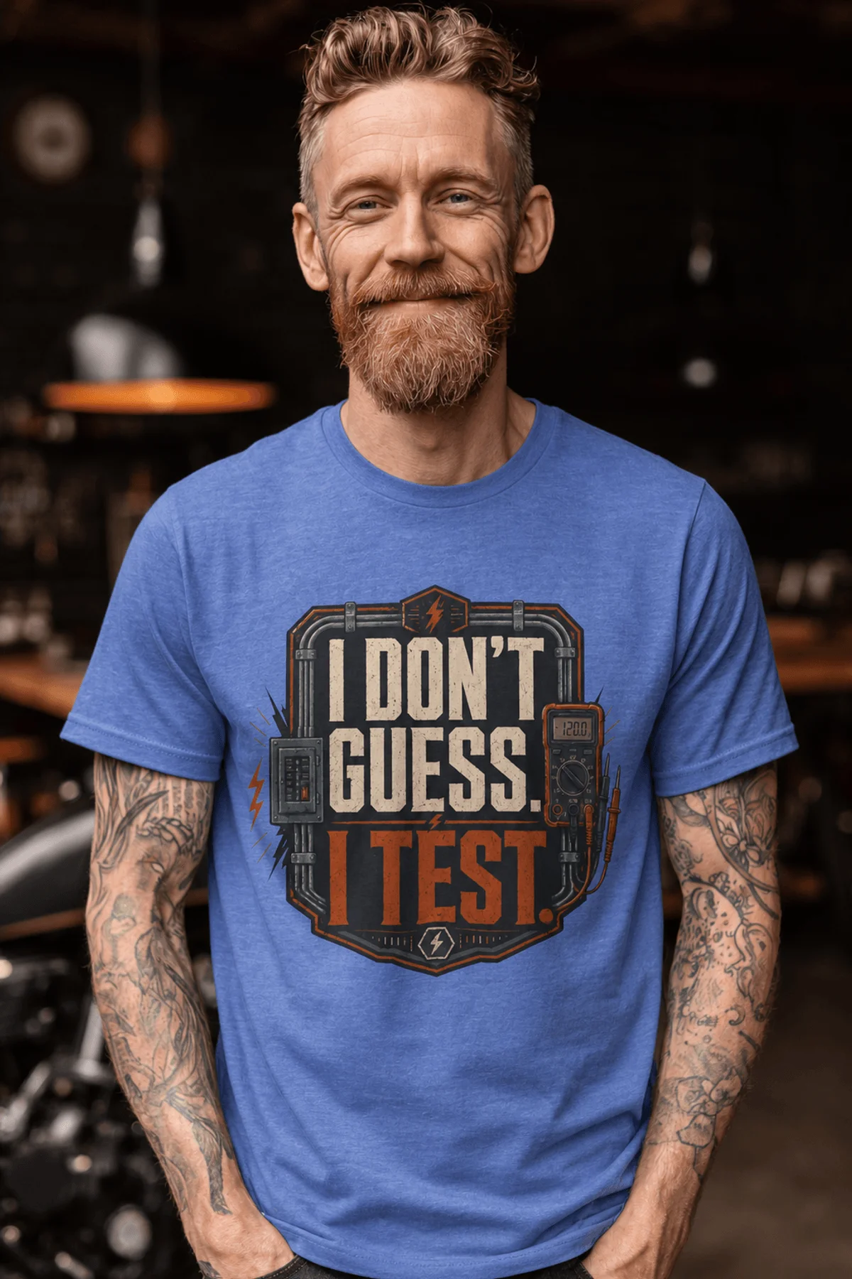 I Don't Guess I Test T-Shirt — Funny Tech Tee for Engineers and Electricians — heather-columbia-blue — Model I Don't Guess I Test T-Shirt — Funny Tech Tee for Engineers and Electricians — heather-columbia-blue t-shirt, model photo | Pressure Tested Co