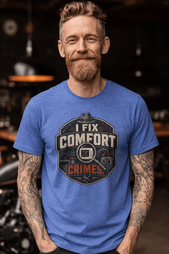 Funny HVAC Tech Tee "I Fix Comfort Crimes" — Furnace and Air Tech Work Tee — heather-columbia-blue t-shirt, model photo | Pressure Tested Co