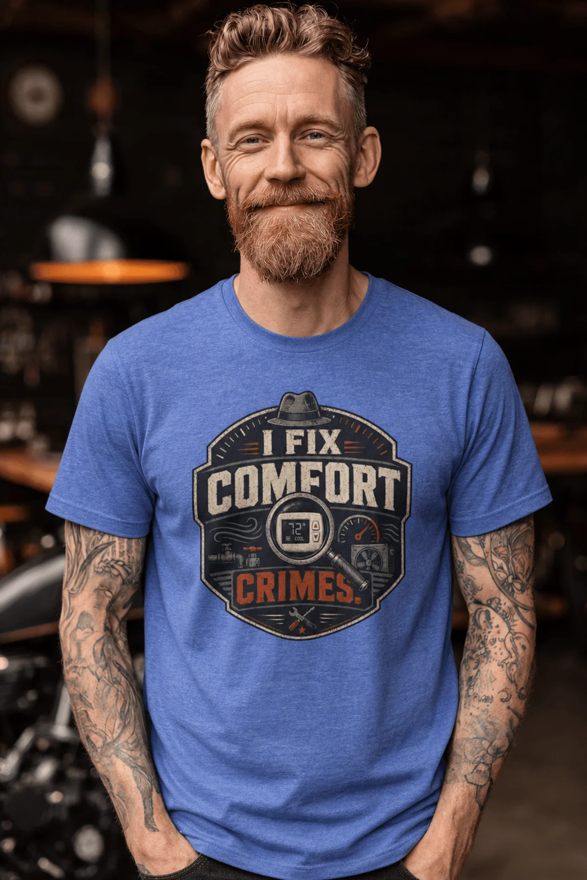Funny HVAC Tech Tee "I Fix Comfort Crimes" — Furnace and Air Tech Work Tee — heather-columbia-blue — Model Funny HVAC Tech Tee "I Fix Comfort Crimes" — Furnace and Air Tech Work Tee — heather-columbia-blue t-shirt, model photo | Pressure Tested Co