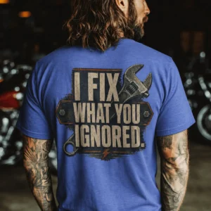 I Fix What You Ignored T-Shirt — Mechanic Wrench Tool Shirt for Technicians & DIYers — heather-columbia-blue t-shirt, model photo | Pressure Tested Co