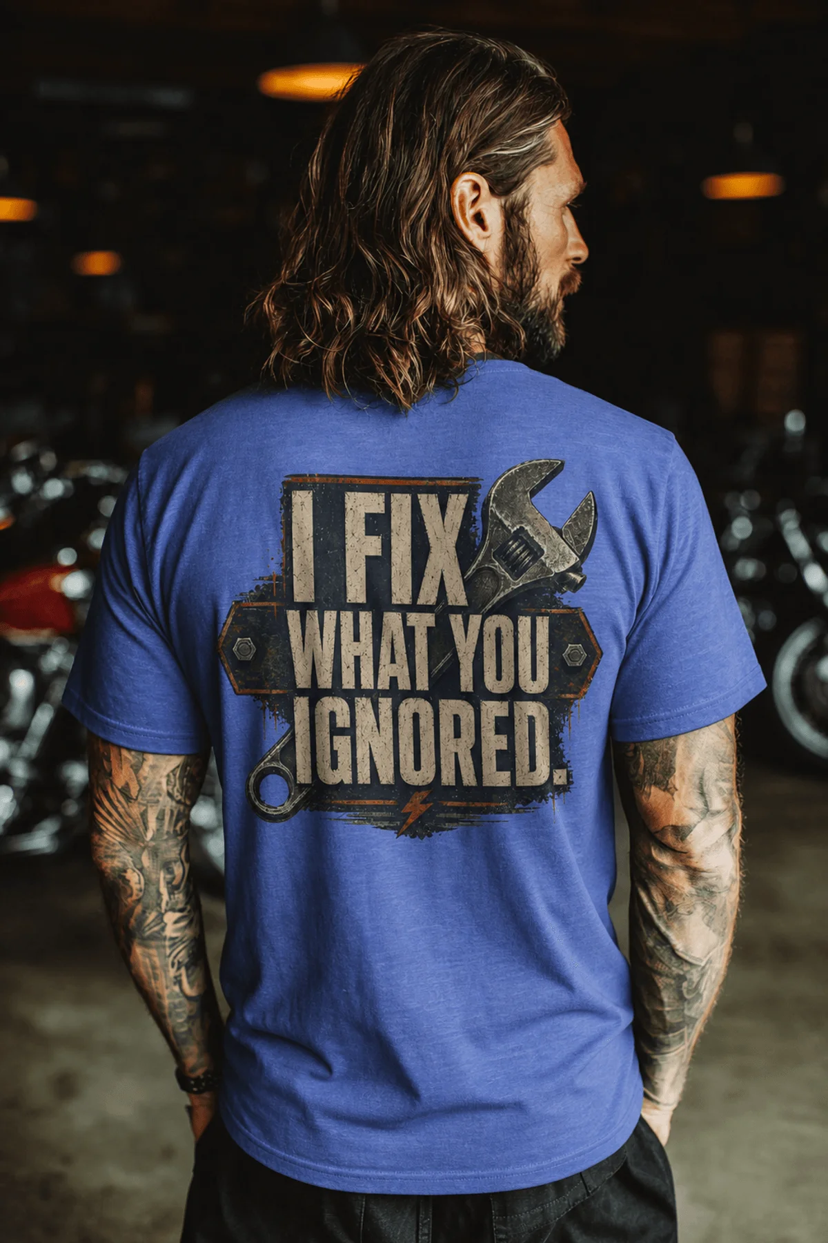 I Fix What You Ignored T-Shirt — Mechanic Wrench Tool Shirt for Technicians & DIYers — heather-columbia-blue — Model I Fix What You Ignored T-Shirt — Mechanic Wrench Tool Shirt for Technicians & DIYers — heather-columbia-blue t-shirt, model photo | Pressure Tested Co