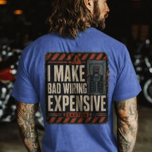 Funny Electrician Tech Tee - Back "I Make Bad Wiring Expensive" — Front "Wired For Success" Vintage Work Tee — heather-columbia-blue t-shirt, model photo | Pressure Tested Co