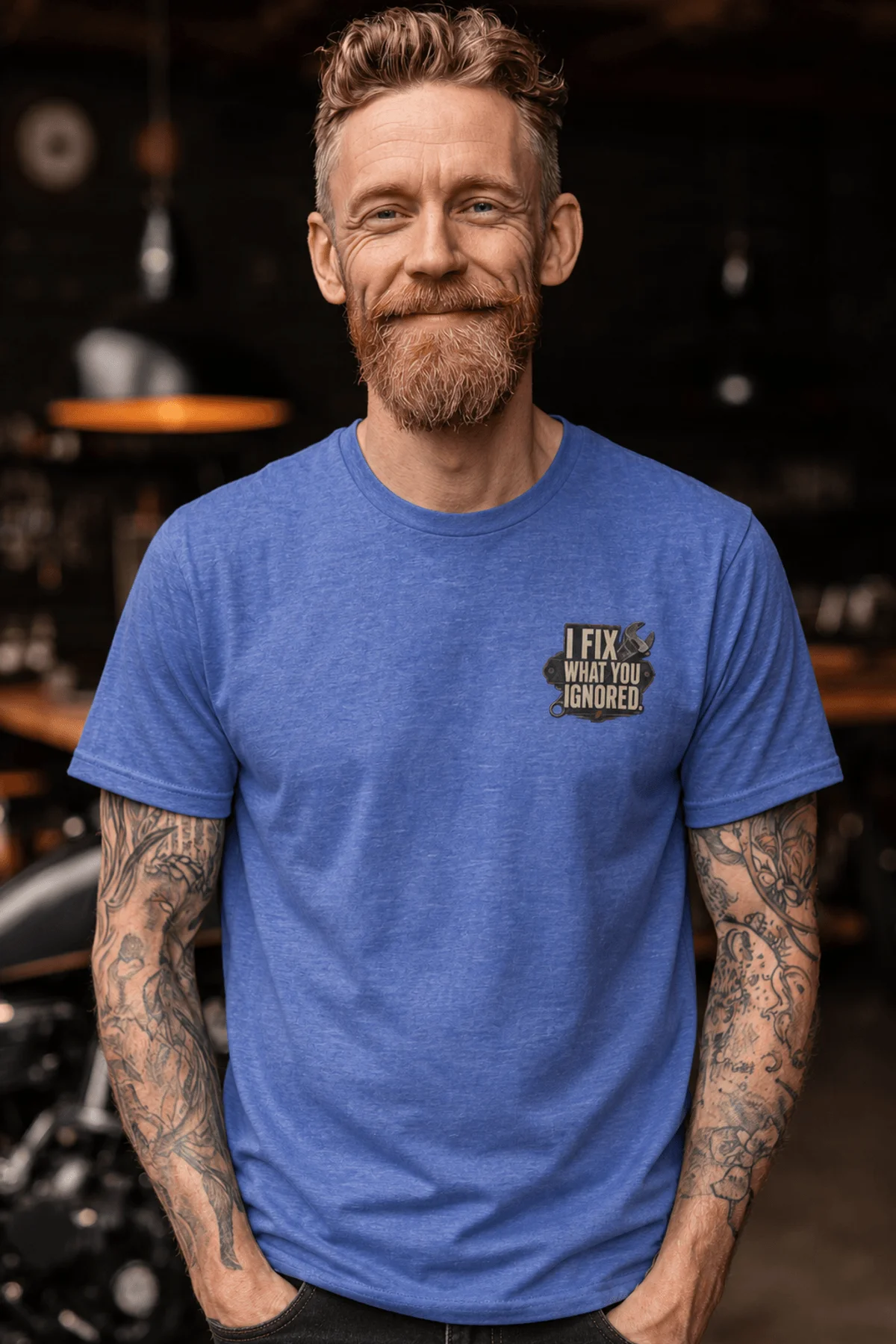 I Fix What You Ignored T-Shirt — Mechanic Wrench Tool Shirt for Technicians & DIYers — heather-columbia-blue — Model I Fix What You Ignored T-Shirt — Mechanic Wrench Tool Shirt for Technicians & DIYers — heather-columbia-blue t-shirt, model photo | Pressure Tested Co