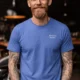 Funny Electrician Tech Tee - Back "I Make Bad Wiring Expensive" — Front "Wired For Success" Vintage Work Tee — heather-columbia-blue — Model Funny Electrician Tech Tee - Back "I Make Bad Wiring Expensive" — Front "Wired For Success" Vintage Work Tee — heather-columbia-blue t-shirt, model photo | Pressure Tested Co