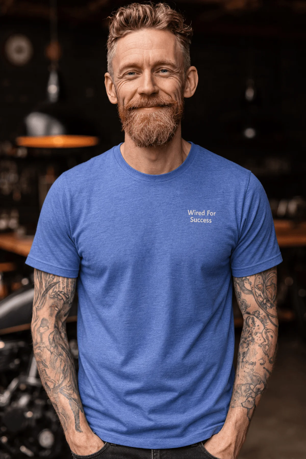 Funny Electrician Tech Tee - Back "I Make Bad Wiring Expensive" — Front "Wired For Success" Vintage Work Tee — heather-columbia-blue — Model Funny Electrician Tech Tee - Back "I Make Bad Wiring Expensive" — Front "Wired For Success" Vintage Work Tee — heather-columbia-blue t-shirt, model photo | Pressure Tested Co