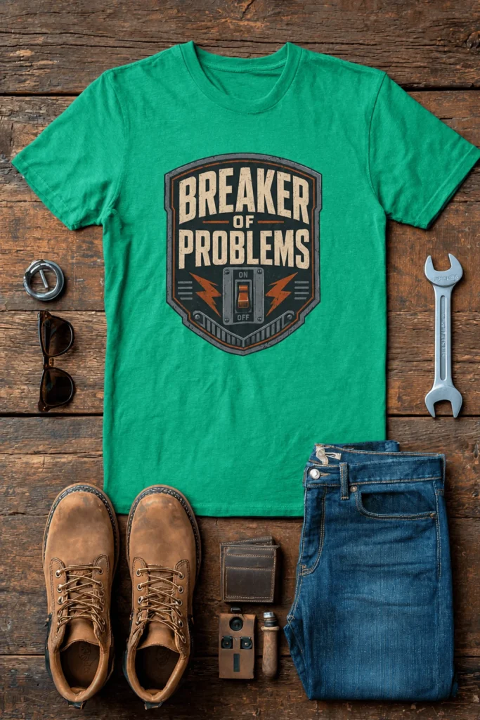 Funny Electrician Tech T‑Shirt - "Breaker Of Problems" — Retro Circuit Breaker Graphic Tee