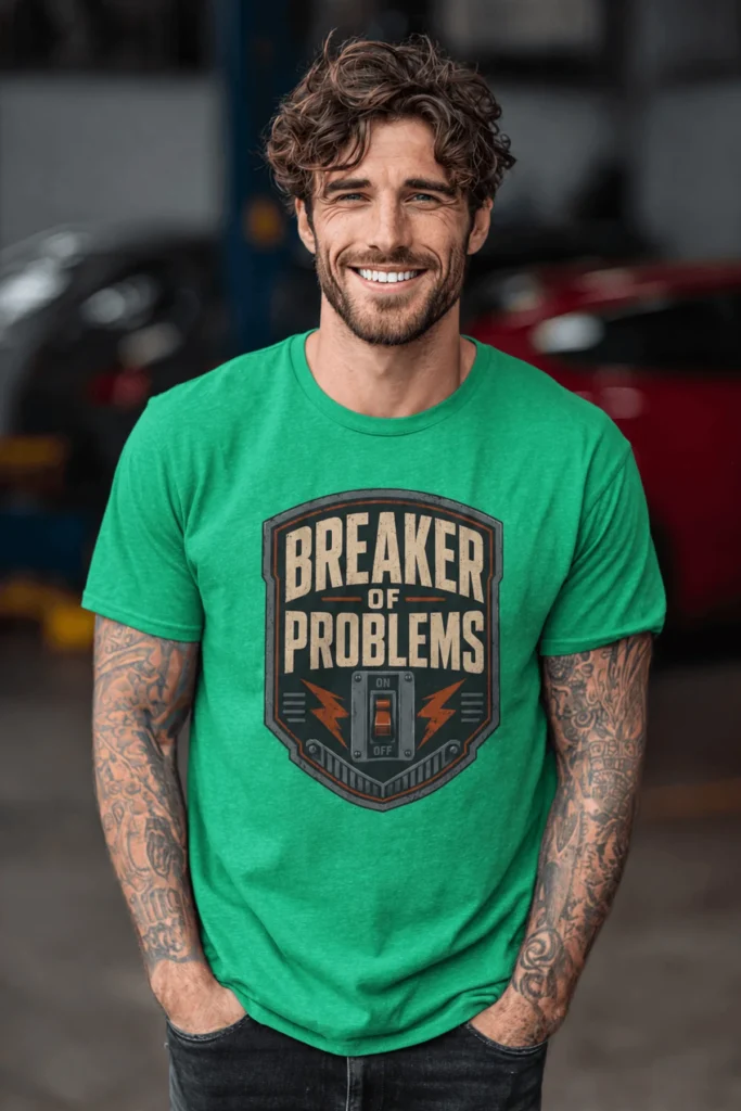 Funny Electrician Tech T‑Shirt - "Breaker Of Problems" — Retro Circuit Breaker Graphic Tee