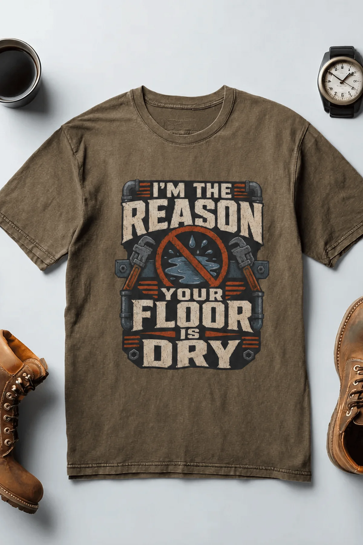 Plumber T‑Shirt – "I'm the Reason Your Floor Is Dry" Vintage Plumbing Tee — heather-olive — Flat-lay Plumber T‑Shirt – "I'm the Reason Your Floor Is Dry" Vintage Plumbing Tee — heather-olive t-shirt, flat-lay product photo | Pressure Tested Co