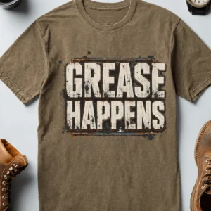 Grease Happens T-Shirt — Funny Mechanic Garage Tee — heather-olive t-shirt, flat-lay product photo | Pressure Tested Co