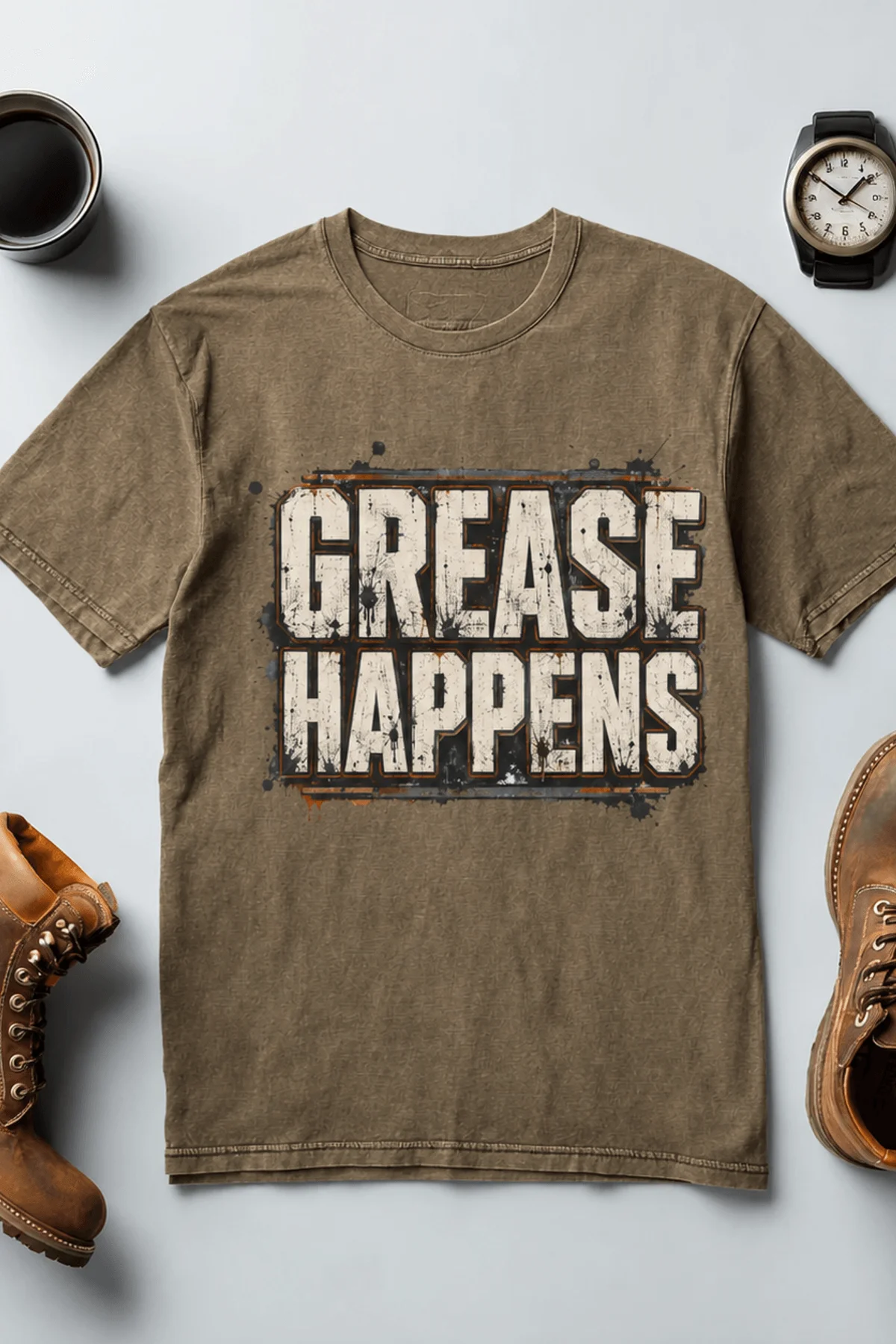 Grease Happens T-Shirt — Funny Mechanic Garage Tee — heather-olive — Flat-lay Grease Happens T-Shirt — Funny Mechanic Garage Tee — heather-olive t-shirt, flat-lay product photo | Pressure Tested Co