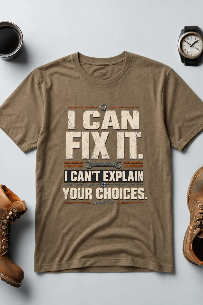 Sarcastic Mechanic T‑Shirt – "I Can Fix It. I Can't Explain Your Choices" Vintage Mechanic Shirt - DIY Repair Tee — heather-olive t-shirt, flat-lay product photo | Pressure Tested Co