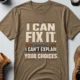 Sarcastic Mechanic T‑Shirt – "I Can Fix It. I Can't Explain Your Choices" Vintage Mechanic Shirt - DIY Repair Tee — heather-olive t-shirt, flat-lay product photo | Pressure Tested Co