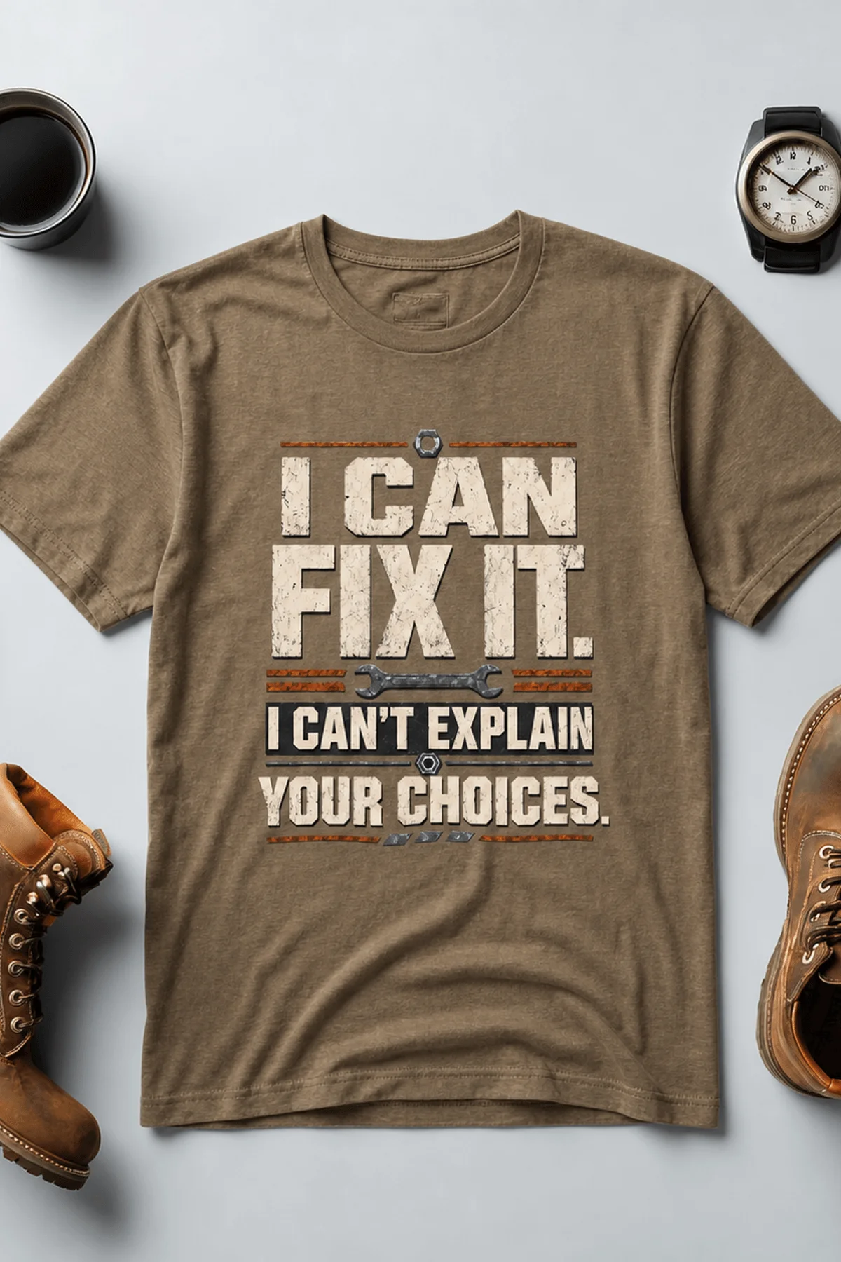 Sarcastic Mechanic T‑Shirt – "I Can Fix It. I Can't Explain Your Choices" Vintage Mechanic Shirt - DIY Repair Tee — heather-olive t-shirt, flat-lay product photo | Pressure Tested Co