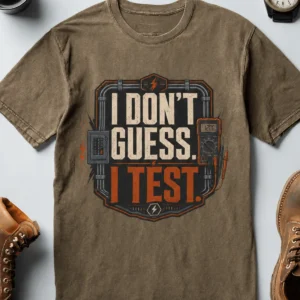 I Don't Guess I Test T-Shirt — Funny Tech Tee for Engineers and Electricians — heather-olive t-shirt, flat-lay product photo | Pressure Tested Co