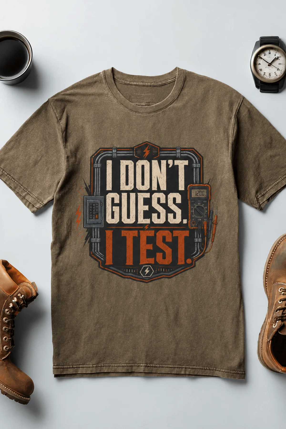 I Don't Guess I Test T-Shirt — Funny Tech Tee for Engineers and Electricians — heather-olive — Flat-lay I Don't Guess I Test T-Shirt — Funny Tech Tee for Engineers and Electricians — heather-olive t-shirt, flat-lay product photo | Pressure Tested Co